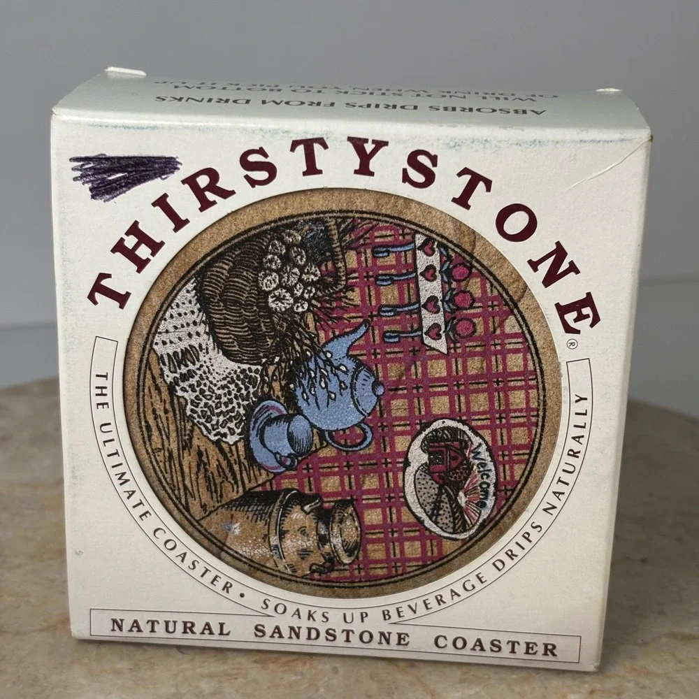 Thirstystone Sandstone Coasters Set of‎ 4 Tan Country Kitchen Teapot Plaid 1994